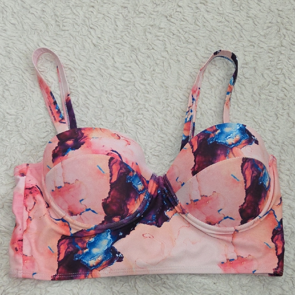 SHEIN Pink and Blue Abstract Print Swim Top